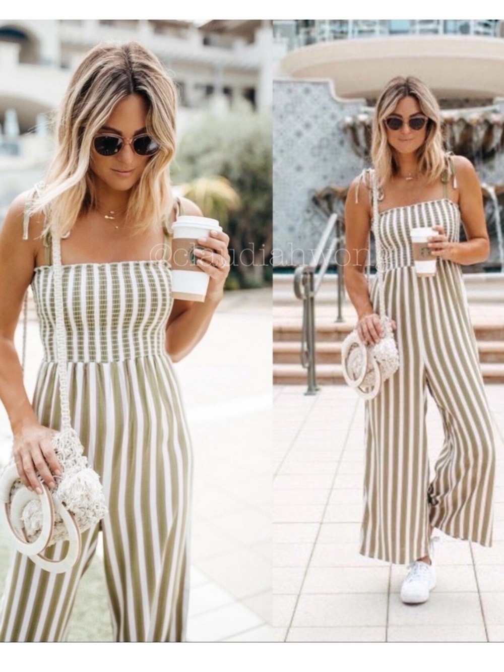 Show Me Your MuMu Olive/Tan/White Striped Smocked Jumpsuit Size L